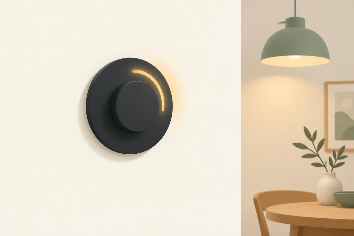 Antraciete wanddimmer met een okergele gloedboog, met een saliegroene hanglamp in de achtergrond