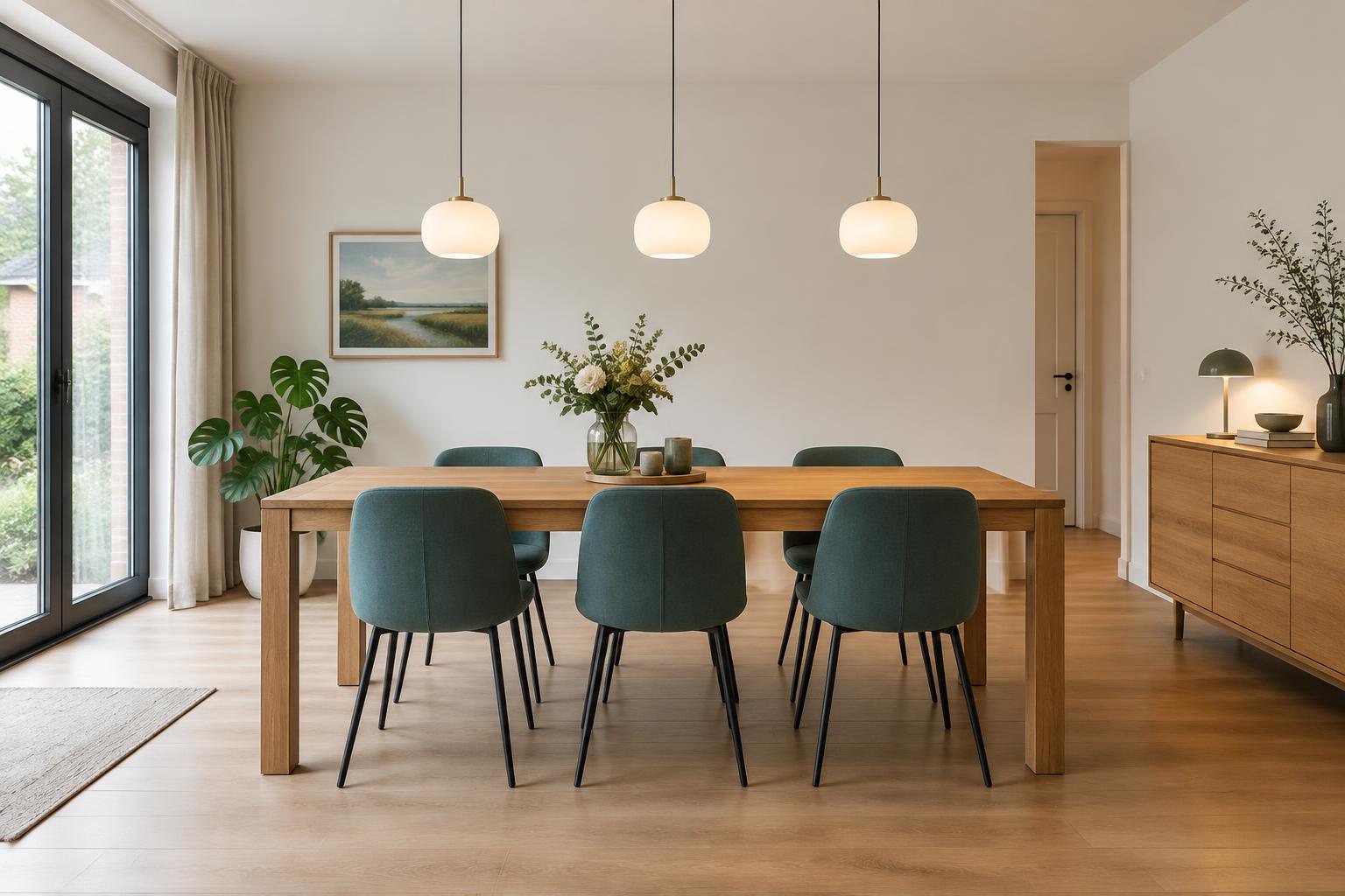 Originele illustratie van een eettafel met een hanglamp en aanvullende sfeerverlichting