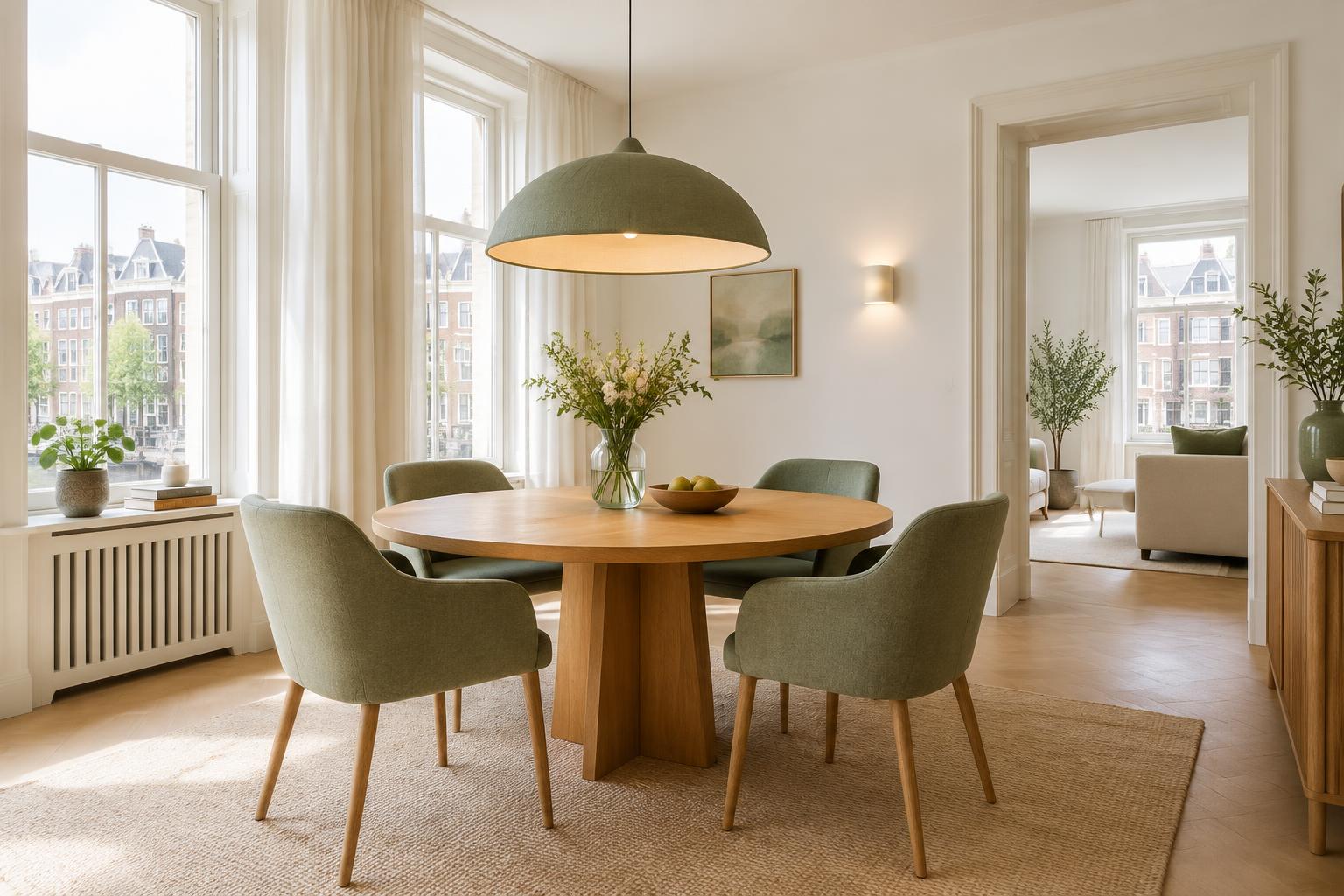 Ronde eettafel met centrale hanglamp en aanvullend wandlicht