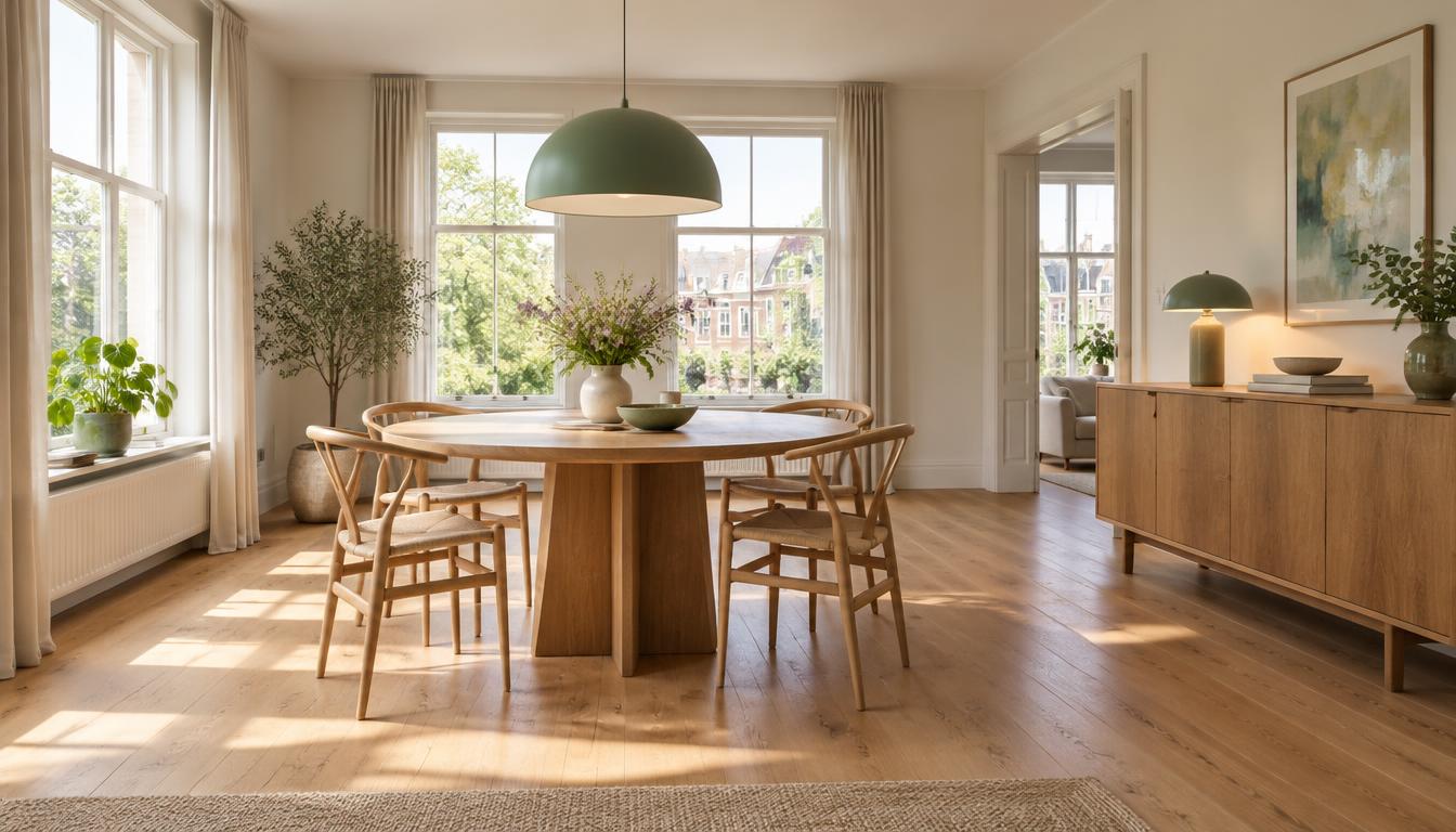 Gegenereerde eetkamer met een groene hanglamp en een tafellamp op het dressoir