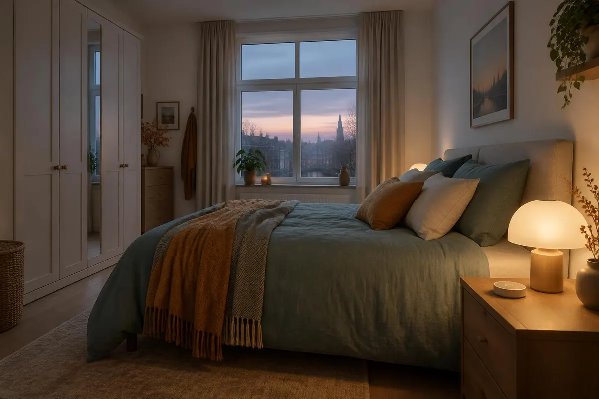 Eigen illustratie van zacht ochtendlicht naast een bed met een draadloze bedieningsknop