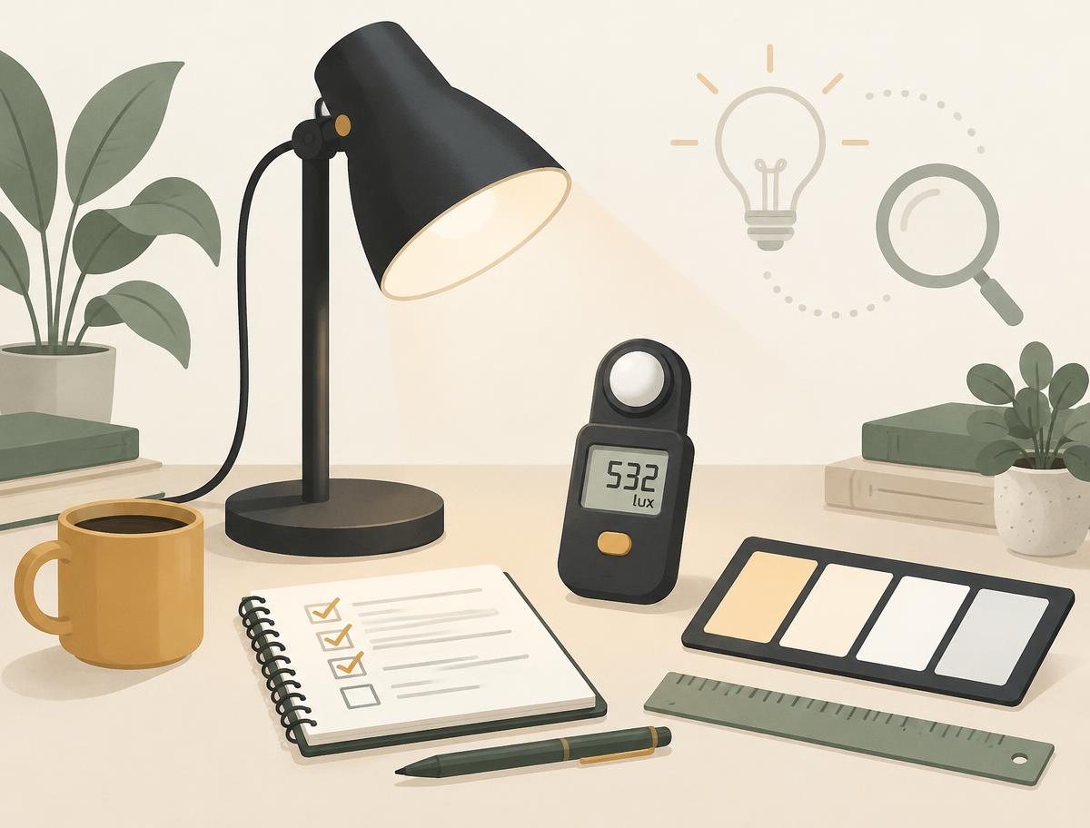 Bureaulamp op een redactietafel met checklist, luxmeter, kleurstalen en liniaal