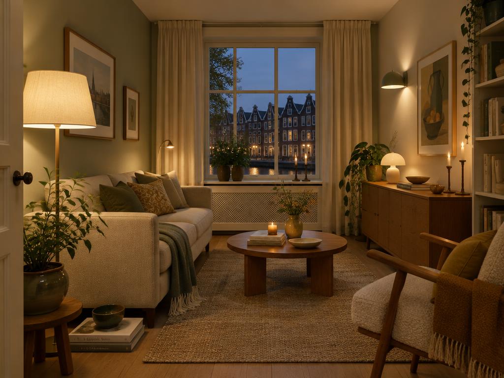 Kleine woonkamer met staande lamp, tafellamp en wandlamp in warm avondlicht