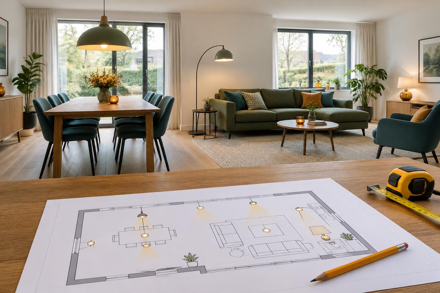 Sfeerillustratie van een lichtplan op tafel met hanglamp, leeslamp en tafellamp in een woon- en eetkamer