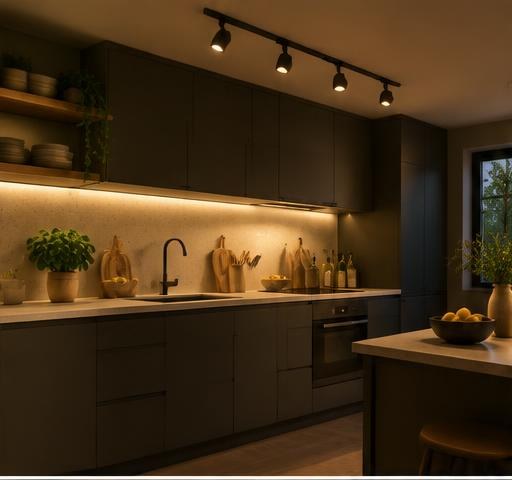 Keuken met led-strips onder de kasten en railspots